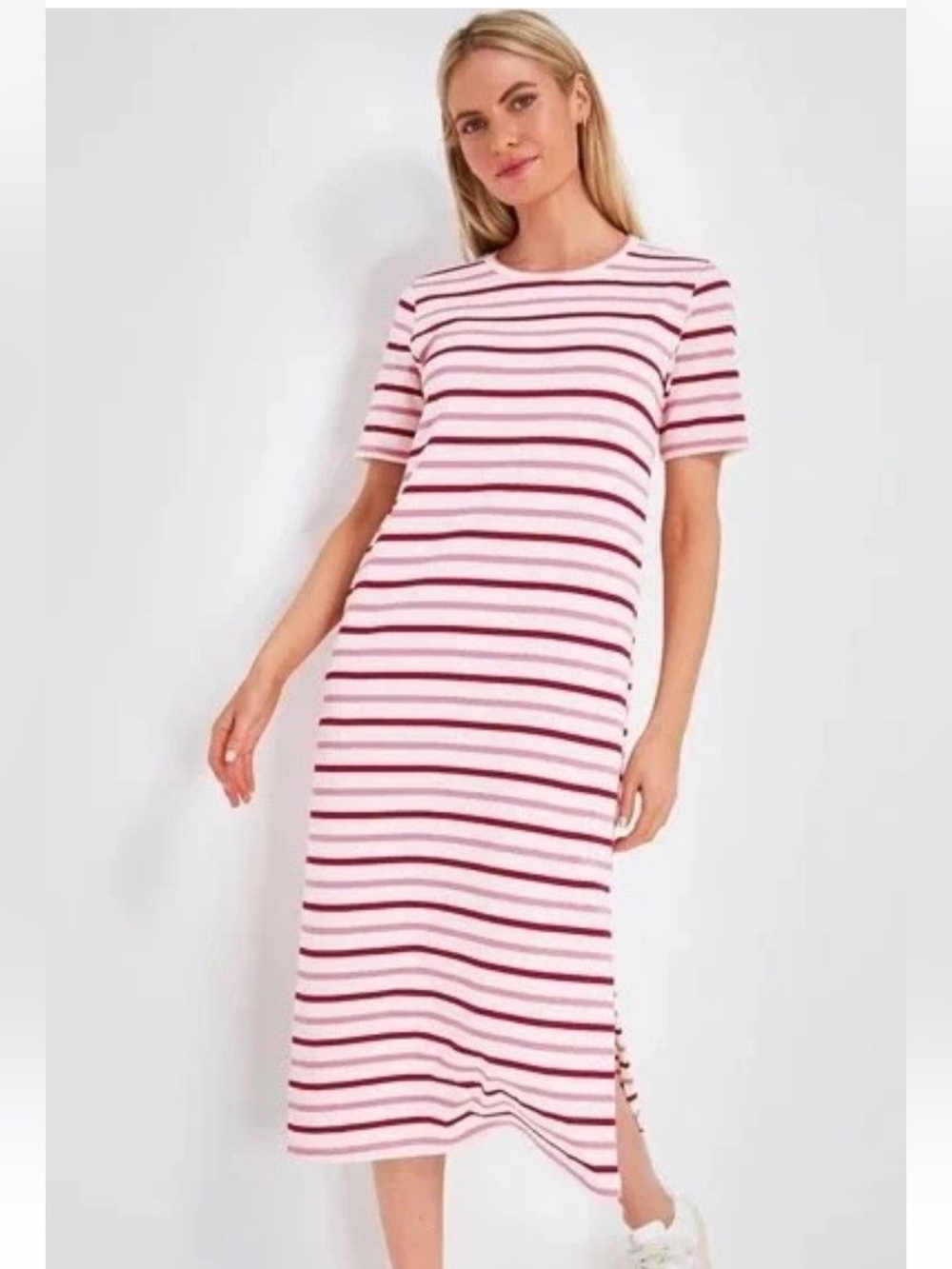 Pomander Place L45004 Ivory/Red/Pink Gio Stripe Cotton Midi T-Shirt Dress XS